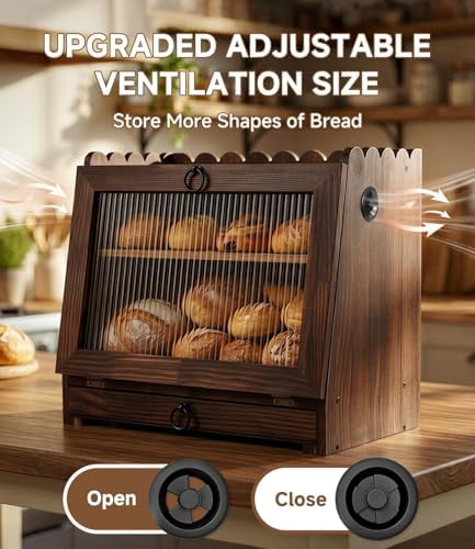 Bread Box for Kitchen Scalloped Countertop Wooden Double Layer Bread