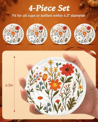 4Pcs Braided Cotton Fall Coasters with Holder, Wild Floral
