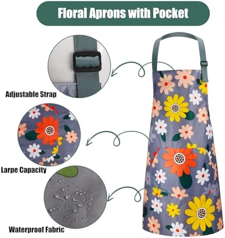 Jeffbaubl 4 Pack Floral Aprons with Pocket, Adjustable Cooking Aprons