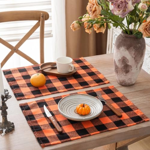 AQOTHES Fall Plaid Placemats Set of 4 Orange Black Checked Table Mats