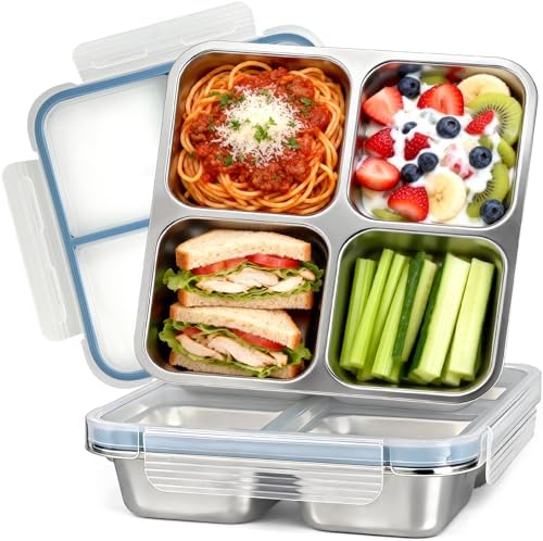 Stainless Steel Snack Containers with Lids, 4 Compartment Bento Snack