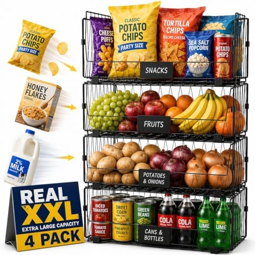 4 PACK XXL Stackable Wire Baskets for Pantry Storage