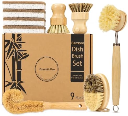GREENTH PRO 9-Piece Bamboo Dish Brush Set with Natural Coconut Sponges