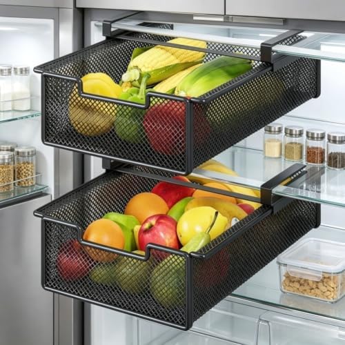 Hanging Fridge Drawer Basket 2-Pack Pull-Out Iron Organizer(Black)
