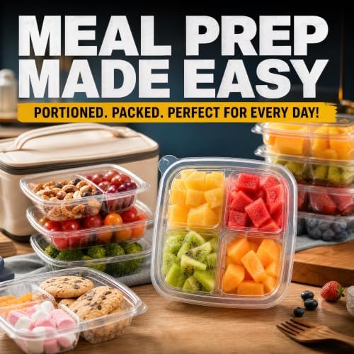 Peohud 50 Pack Clear Bento Snack Containers, 4 Compartment Food