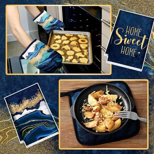 Bencailor 6 Pcs Blue Kitchen Towels, Oven Mitts and Potholder