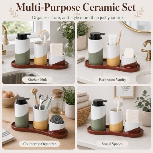 Bosilunlife Ceramic Soap Dispenser Set with Sponge Cup, Brush Cup &