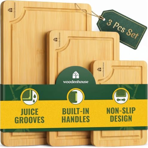 Bamboo Cutting Boards for Kitchen Set of 3, Deep Juice Grooves &