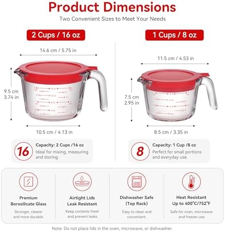 2 Pack Borosilicate Glass Measuring Cups with Lid, 1 & 2 Cup Heat