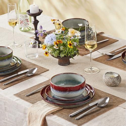 KINGSTONE Stoneware Dinnerware Sets for 8, Reactive Glaze, Kiln-Fired Red