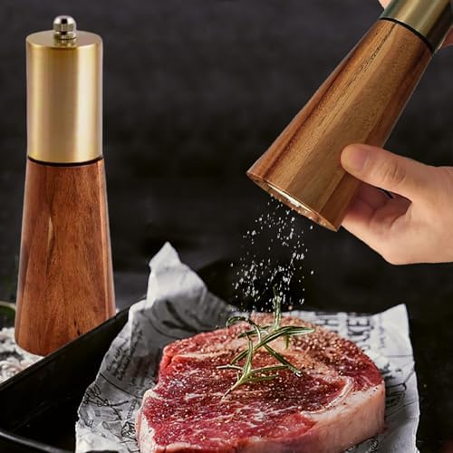 Gold Manual Salt & Pepper Grinder Set with Wooden Base