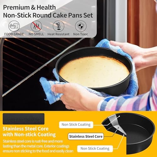 P&P CHEF 6 Inch Cake Pan Set, Round Baking Cake Pans, Black & 2 Pcs