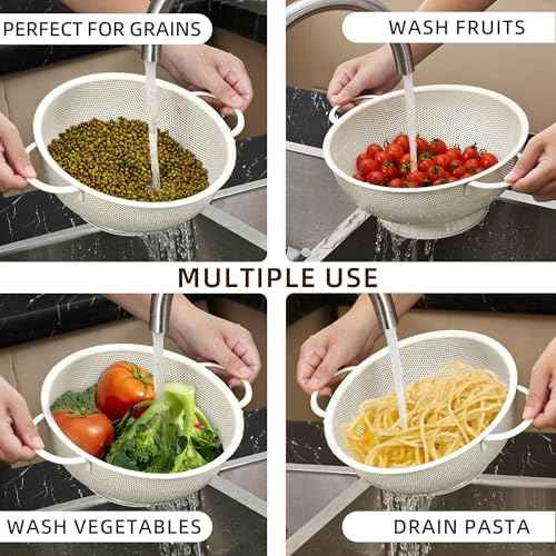 Stainless Steel Colander 3 Piece,Metal Strainer Basket with Solid Base and Handles for Kitchen Food,Pasta, Noodles, Vegetables and Fruits,Powder Coated,BPA Free,Dishwasher Safe,2 & 3 & 4.5 Qt (Cream)