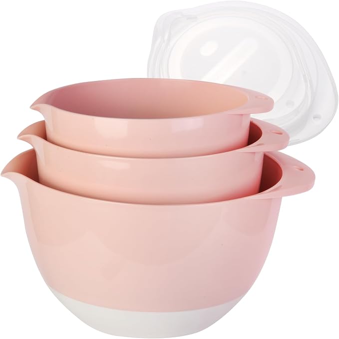 3 Mixing Bowls Set with Lids, Pour Spout and TPR Bottom, Plastic Nesting Bowl by JCXivan