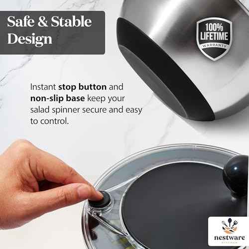 Stainless Steel Salad Spinner Large, 5.3 Qt - Lettuce, Vegetable &