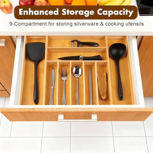 Bamboo Drawer Organizer, Expandable Flatware Cutlery Tray, 9 Slots