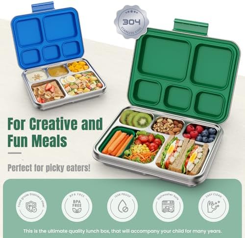 Stainless Steel Bento Lunch Box, 5 Compartments (Green)