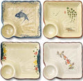 4 Pack Ceramic Dumpling Plate with Dipping Saucer, 7.3 Inch Japanese Sushi Platter, Chip and Dip Plate, Divided Snack Serving Dish for Appetizer, Charcuterie, Dessert, Salad, Entertainment