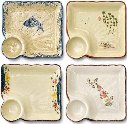 4 Pack Ceramic Dumpling Plate with Dipping Saucer, 7.3 Inch Japanese Sushi Platter, Chip and Dip Plate, Divided Snack Serving Dish for Appetizer, Charcuterie, Dessert, Salad, Entertainment