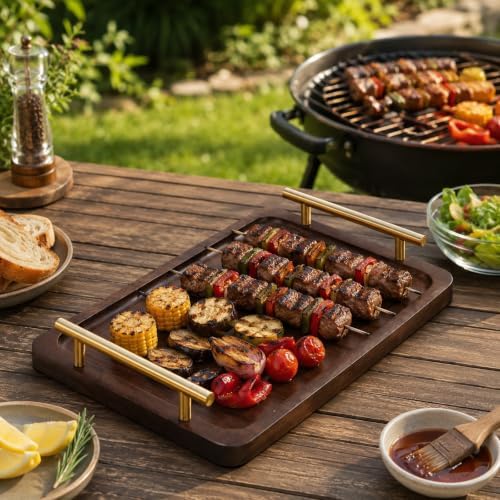 LUOZZY Rectangular Bamboo Serving Tray with Metal Handles A