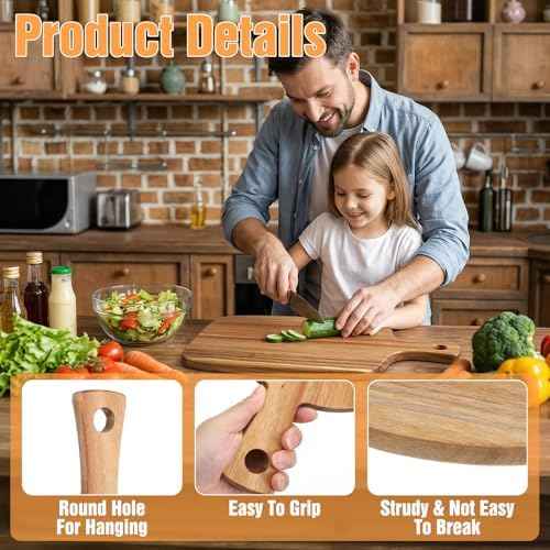 2 Pack Acacia Wood Cutting Board with Handle – 2 Shapes Wooden Charcuterie Board Set, Large Paddle Carving Chopping Block for Meat, Cheese, Fruit, Pizza, Bread – Farmhouse Serving Tray