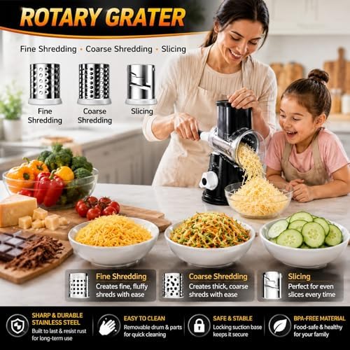 Rotary Cheese Grater with Handle - Hand Crank Vegetable Slicer &