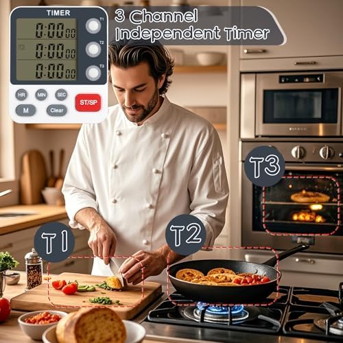 2-Piece Digital 3-Channel Kitchen Timers, Magnetic Countdown