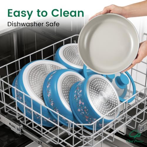 Chef Power Ceramic Cookware Set Non Toxic with Detachable Handles, Healthy Nonstick Decal Pans and Pots Set 14 Pcs, Induction Dishwasher Oven Safe Kitchen Set, Turquoise with Bougainvillea