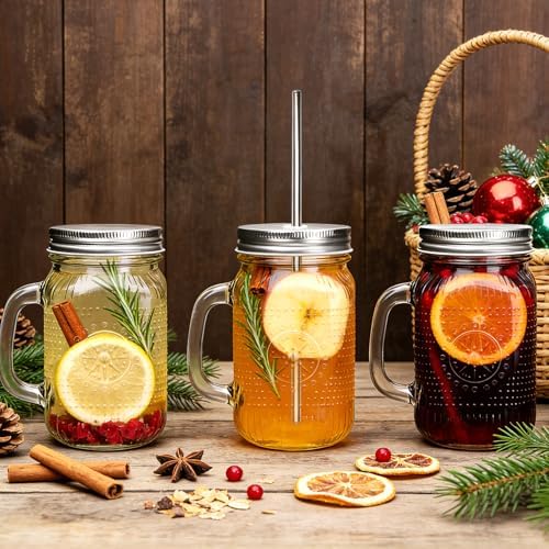 Mason Jar Cups with Handle 16 oz, Vintage Glass Cups with Lids and