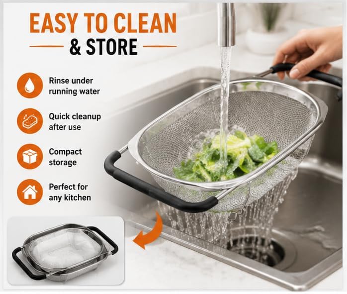 Expandable Over Sink Colander, Stainless Steel Mesh Strainer Basket