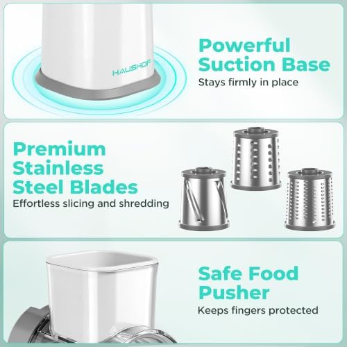 HAUSHOF Rotary Cheese Grater, Hand Crank, 3-Blade