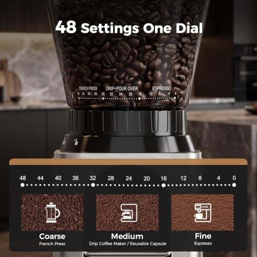 Conical Burr Coffee Bean Grinder, 48 Settings, 40-Second Timer