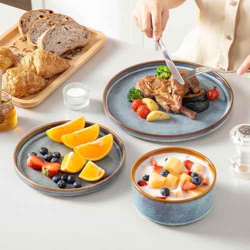 vancasso ONION Ceramic Plates and Bowls Sets, 24 Pieces Blue Dinnerware Sets for Kitchen, Reactive Glaze Dishes Set for 8, Dishwasher and Microwave Safe