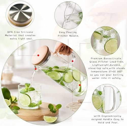 hjn Glass Pitcher with Lid Glass Water Carafe with Handle, Fridge