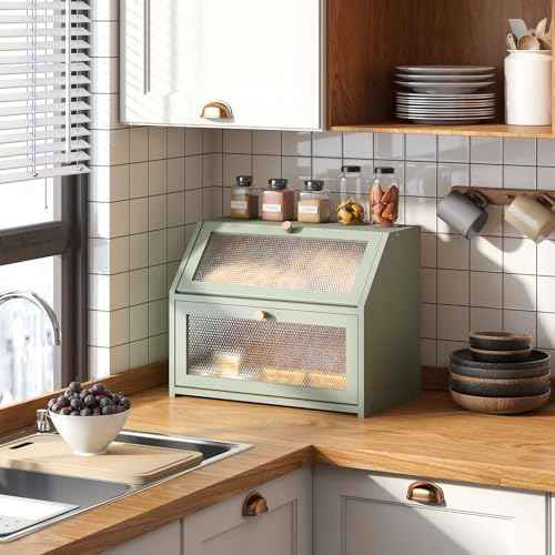 STDDRE Bread Box for Kitchen Countertop Bin Double Layer Bread Box Storage Container Extra Large Capacity Farmhouse with Diamond Pattern Windows (Green, Large)