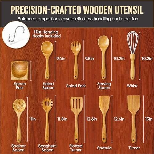 10 Pcs Natural Teak Wooden Utensil Set with Hooks