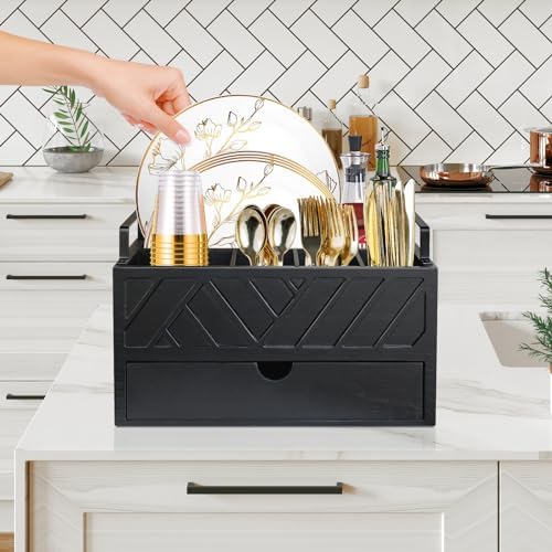 Paper Plate Dispenser with Drawer, Black