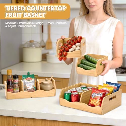 Bamboo Potato Onion Storage Bins, 3 Tier Stackable Produce Basket