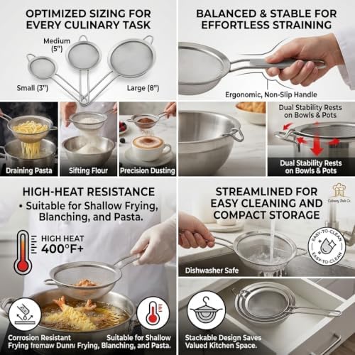 Fine Mesh Strainer Set 3-Piece,Stainless Steel Sifters