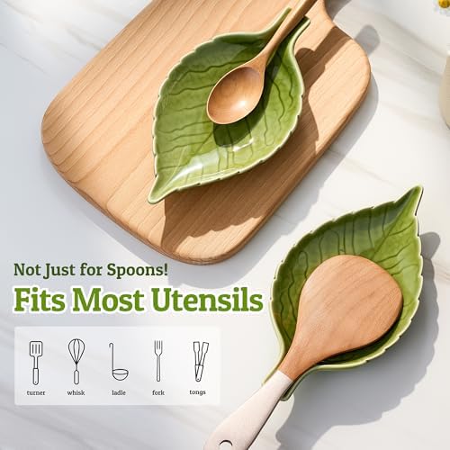 Green Ceramic Leaf Spoon Rest for Stovetop & Kitchen Counter, 1-Pack