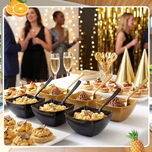 Tanlade 100 Pcs 8oz Square Plastic Serving Bowls with Spoons, 50 Set