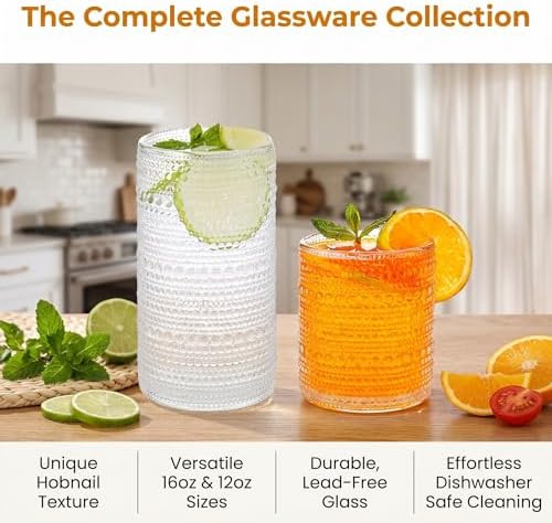 Vintage Hobnail Drinking Glasses Set of 8, Clear 16 oz Highball