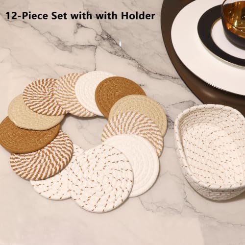 Coasters Set of 12 with Holder, Cotton Woven Absorbent Coasters for