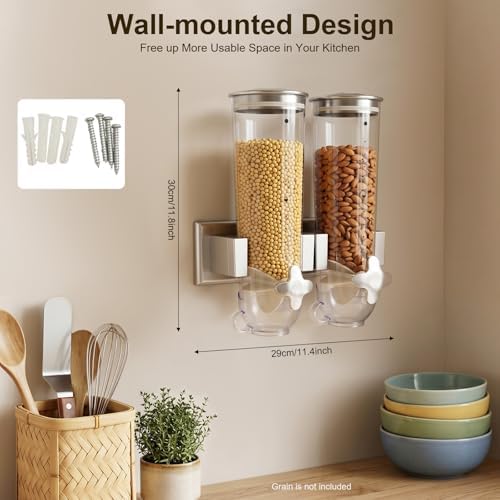 2 Pack Cereal Dispensers, 3L Wall Mounted Cereal Containers Storage, Easy To Use Dry Food Dispenser, Large Capacity Candy Dispenser for Oatmeal Coffee Bean Nuts