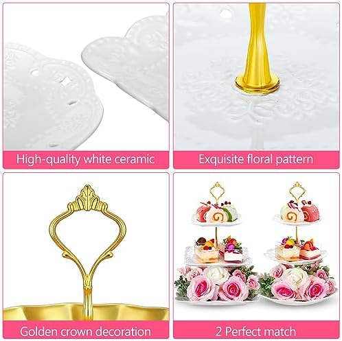 Ctosree 2 Pcs 3 Tier Porcelain Cupcake Stand Round and Square White