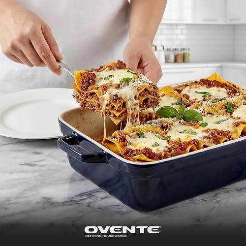 OVENTE 3 Qt Rectangular Ceramic Baking Dish with Lid, Blue BP13BL