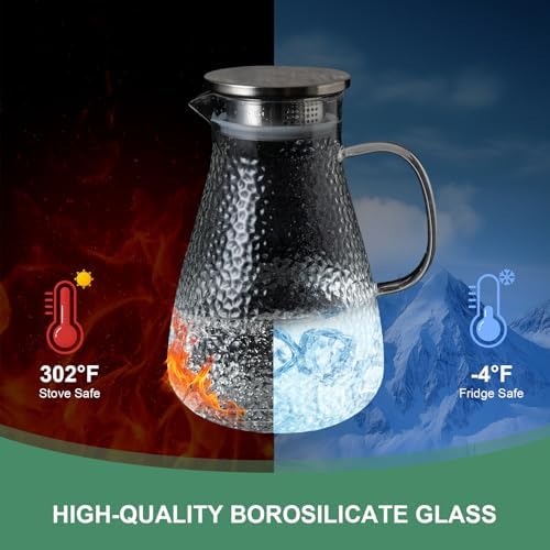 2.0 Liter 68 oz Glass Pitcher with Lid and Spout, Glass Carafe for