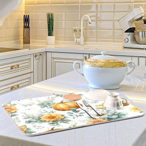 OTVEE Halloween Pumpkins Art Dish Drying Mat for Kitchen Counter