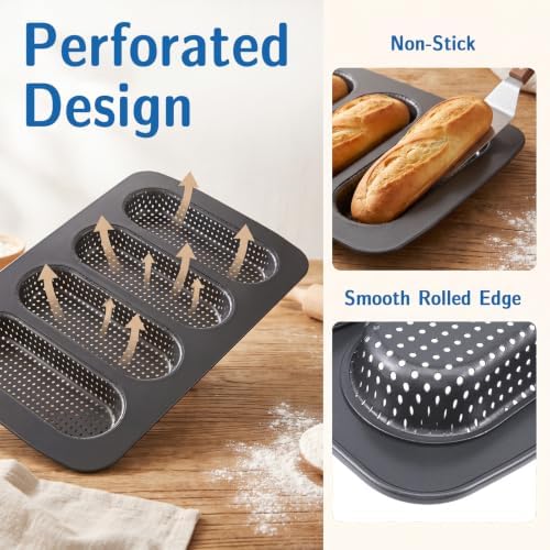 3-Pack Hot Dog Bun Pan, 4-Cavity Perforated Carbon Steel Bread Loaf