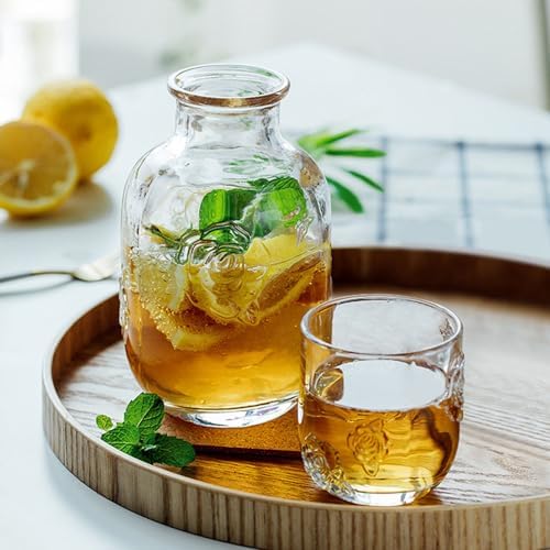 Bedside Water Carafe Set, 15 oz Clear Floral Glass with Tumbler Lid
